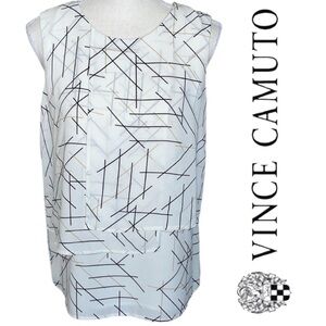 Vince Camuto Linear Geometric Print Sleeveless Top Tiered Sheer Overlays Lined